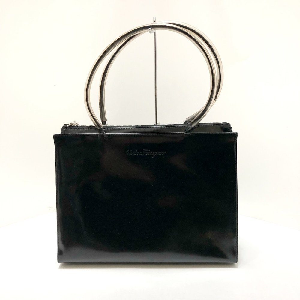 Salvatore Ferragamo Enamel Vinyl Handbag Black